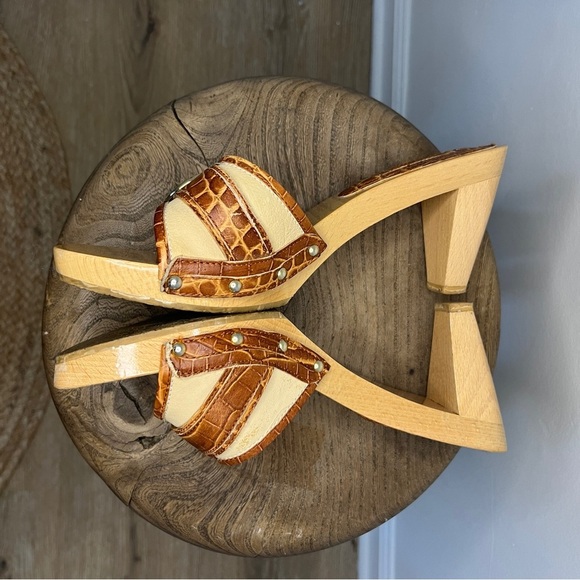Celine Vintage Wood Block Heel Croc Mules Size 38 US 8 - Picture 4 of 6